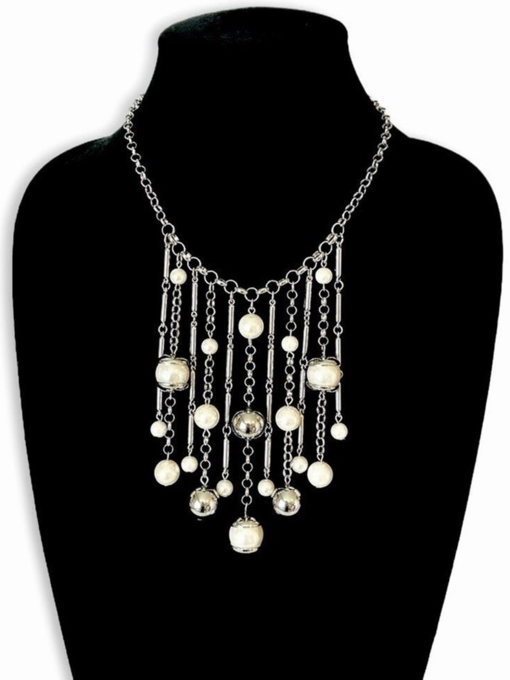 CHICOS Silver & Pearls Waterfall Fringe Beaded Statement Bib Necklace | NWT